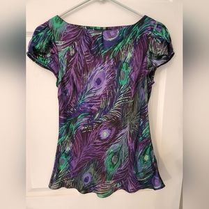 Banana Republic Women's Cap Sleeve Blouse Top Peacock Print Size XS